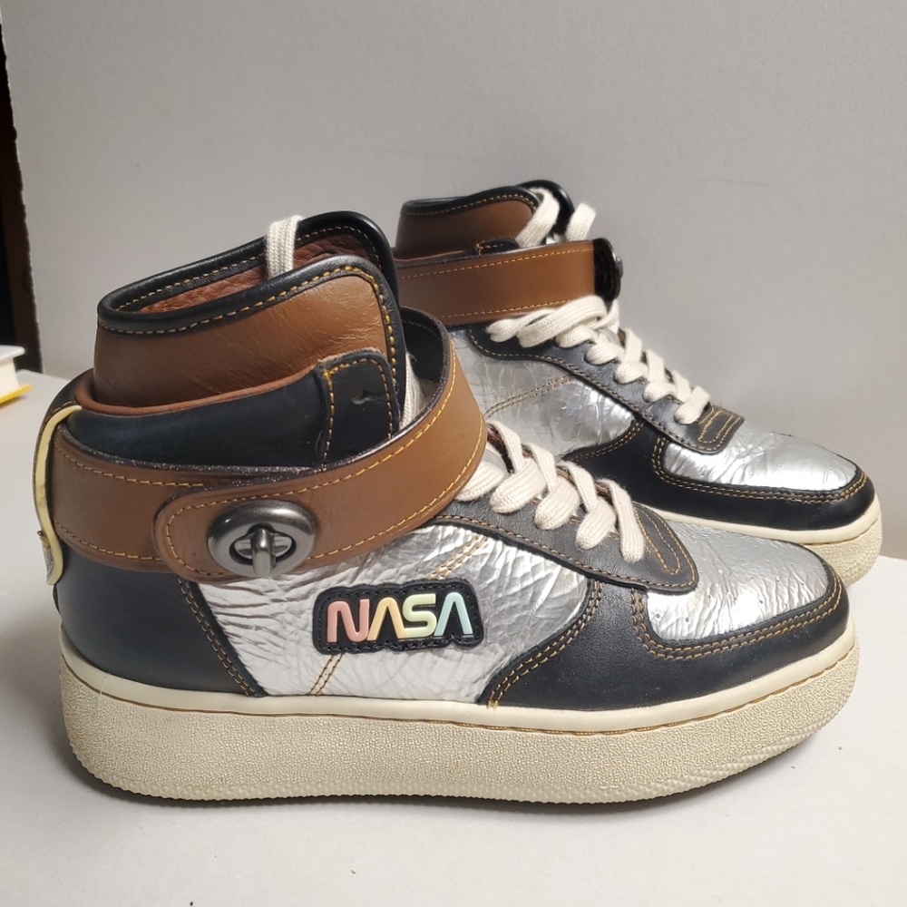 COACH c210 Nasa Patch Metallic High Top Sneakers Leather 5 6.5